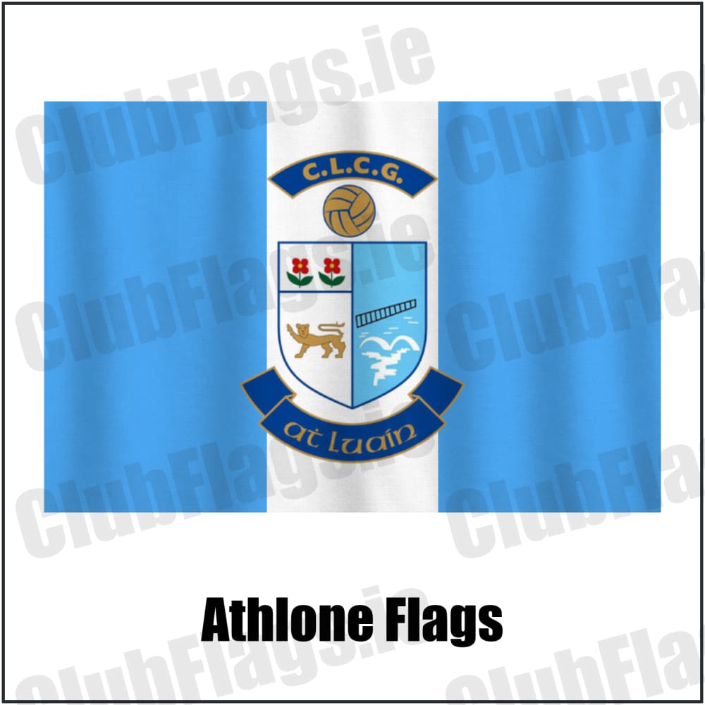 Athlone Flags in light blue and white, featuring the club crest on realistic fabric with gentle vertical folds; County Westmeath GAA. ClubFlags.ie.