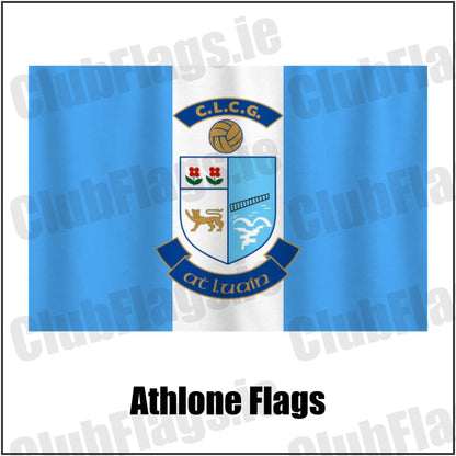 Athlone Flags in light blue and white, featuring the club crest on realistic fabric with gentle vertical folds; County Westmeath GAA. ClubFlags.ie.