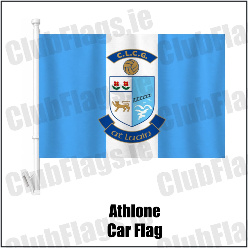 Athlone Car Flag in light blue and white, featuring the club crest on realistic fabric with gentle vertical folds; County Westmeath GAA. ClubFlags.ie.