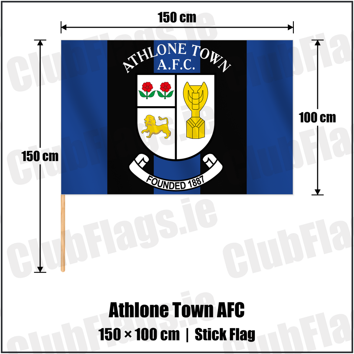 Athlone Town AFC 100cm x 150cm Stick Flag with the club crest and colours, Westmeath Football - ClubFlags.ie
