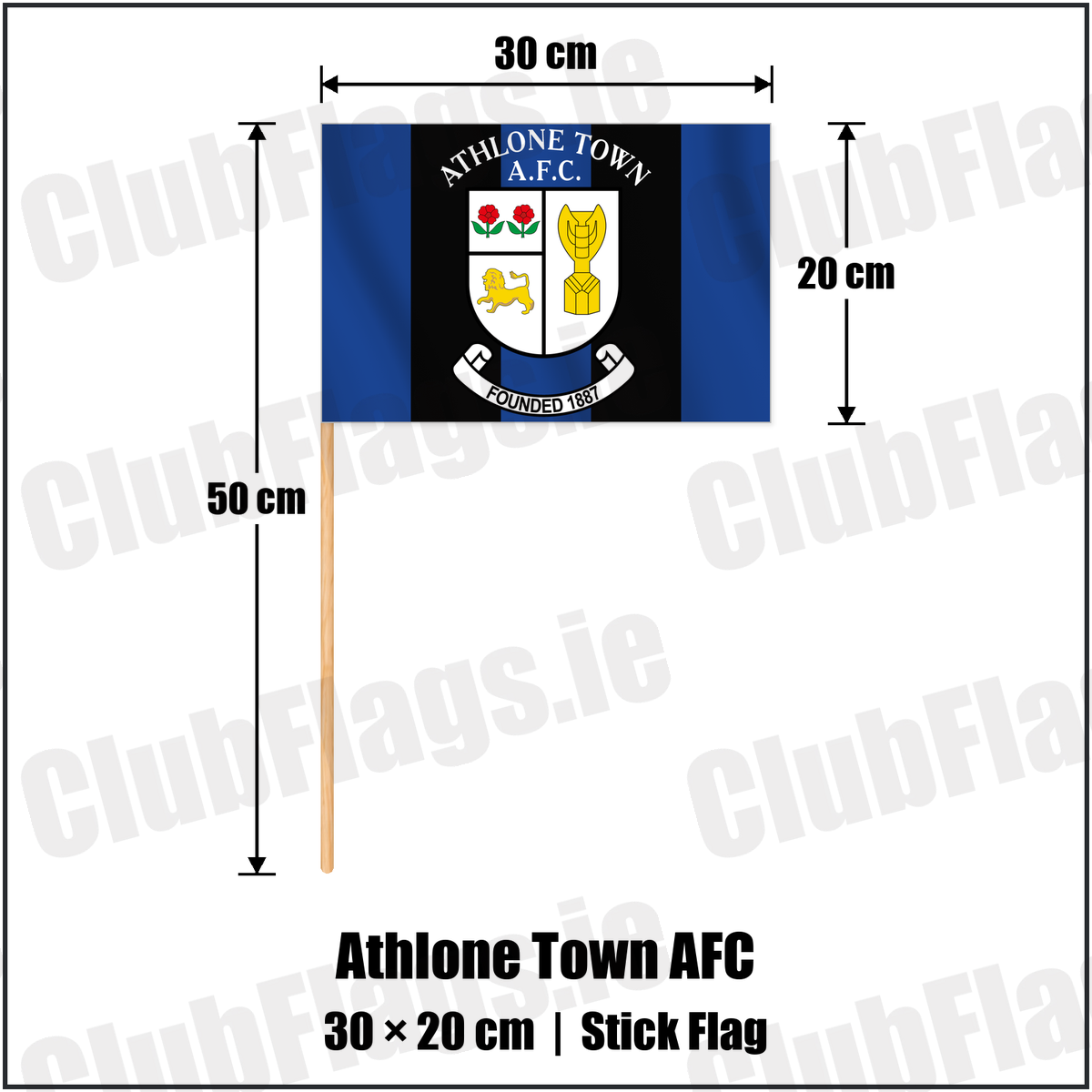 Athlone Town AFC 20cm x 30cm Stick Flag with the club crest and colours, Westmeath Football - ClubFlags.ie