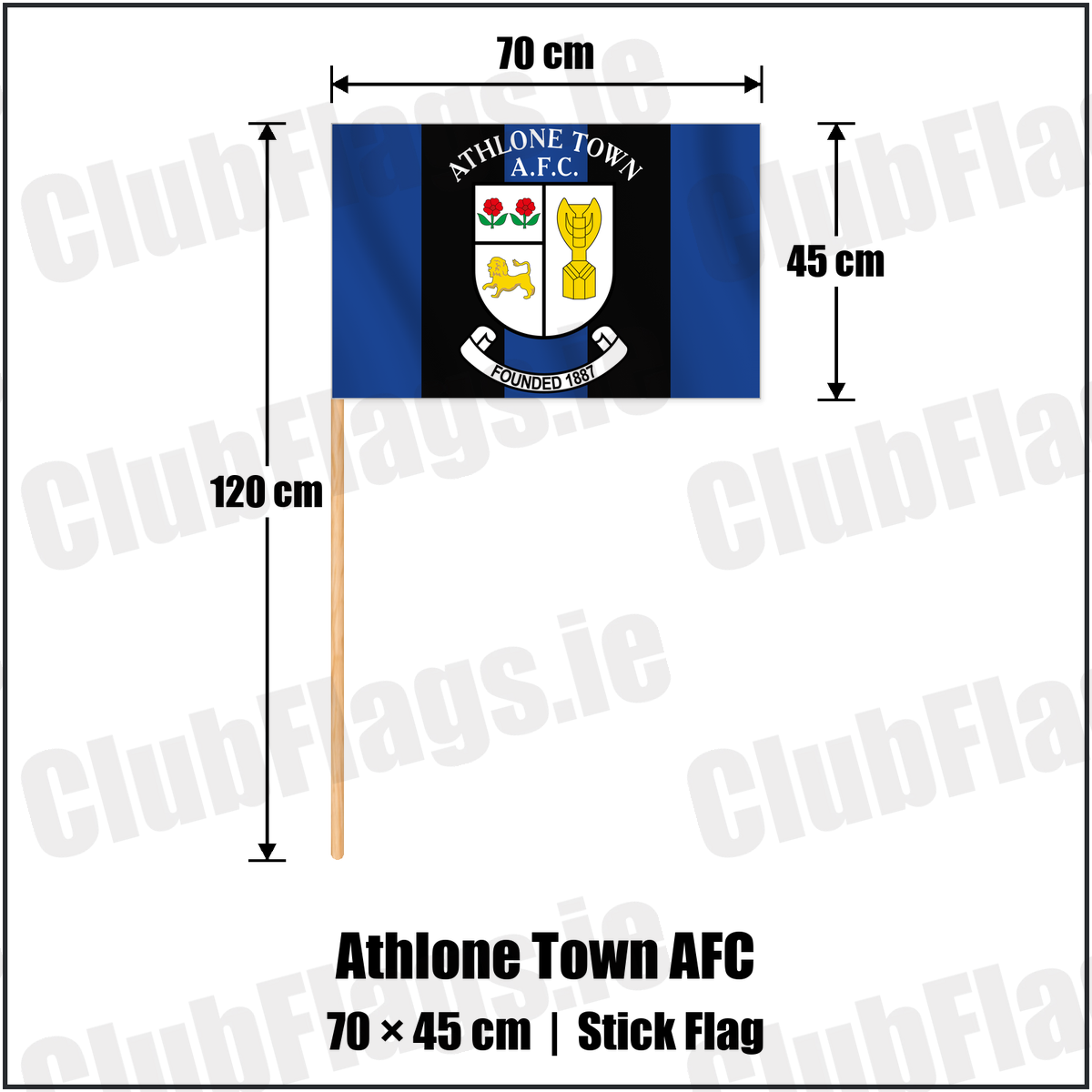Athlone Town AFC 45cm x 70cm Stick Flag with the club crest and colours, Westmeath Football - ClubFlags.ie