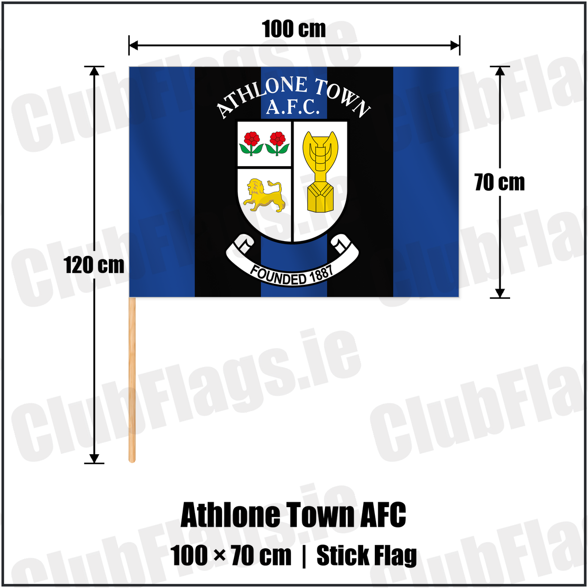 Athlone Town AFC 70cm x 100cm Stick Flag with the club crest and colours, Westmeath Football - ClubFlags.ie