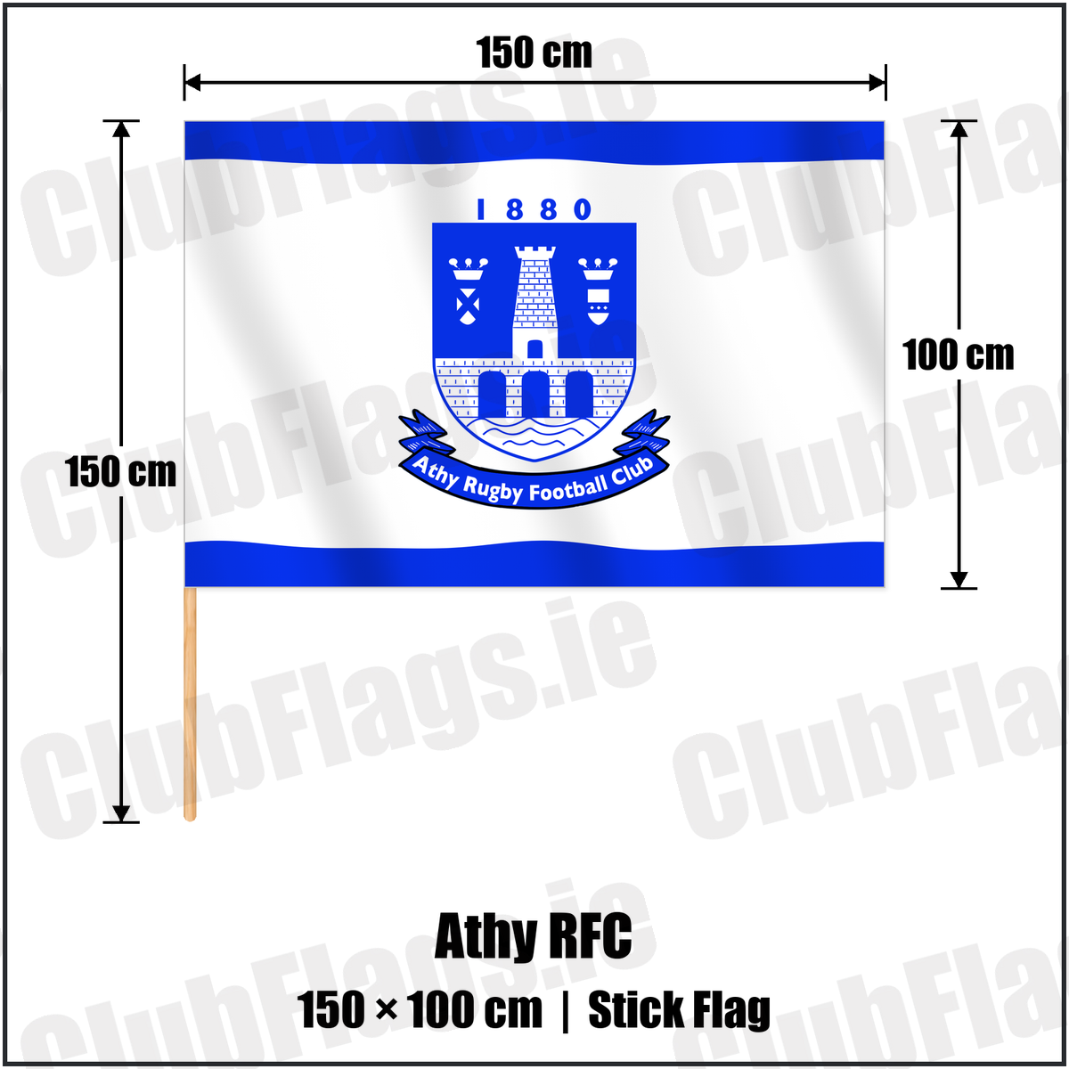 Athy RFC 100cm x 150cm Stick Flag with the club crest and colours, Kildare Rugby - ClubFlags.ie