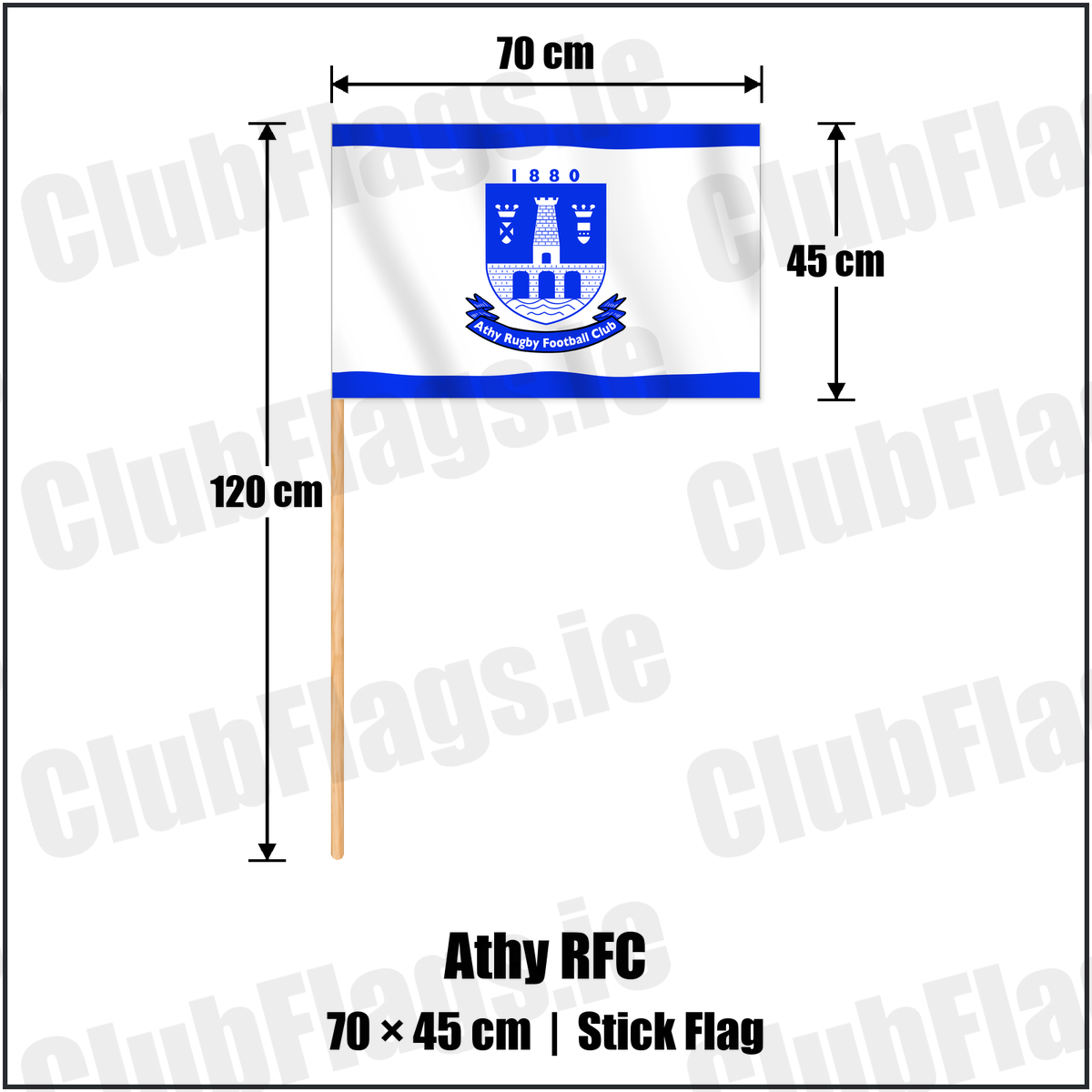 Athy RFC 45cm x 70cm Stick Flag with the club crest and colours, Kildare Rugby - ClubFlags.ie