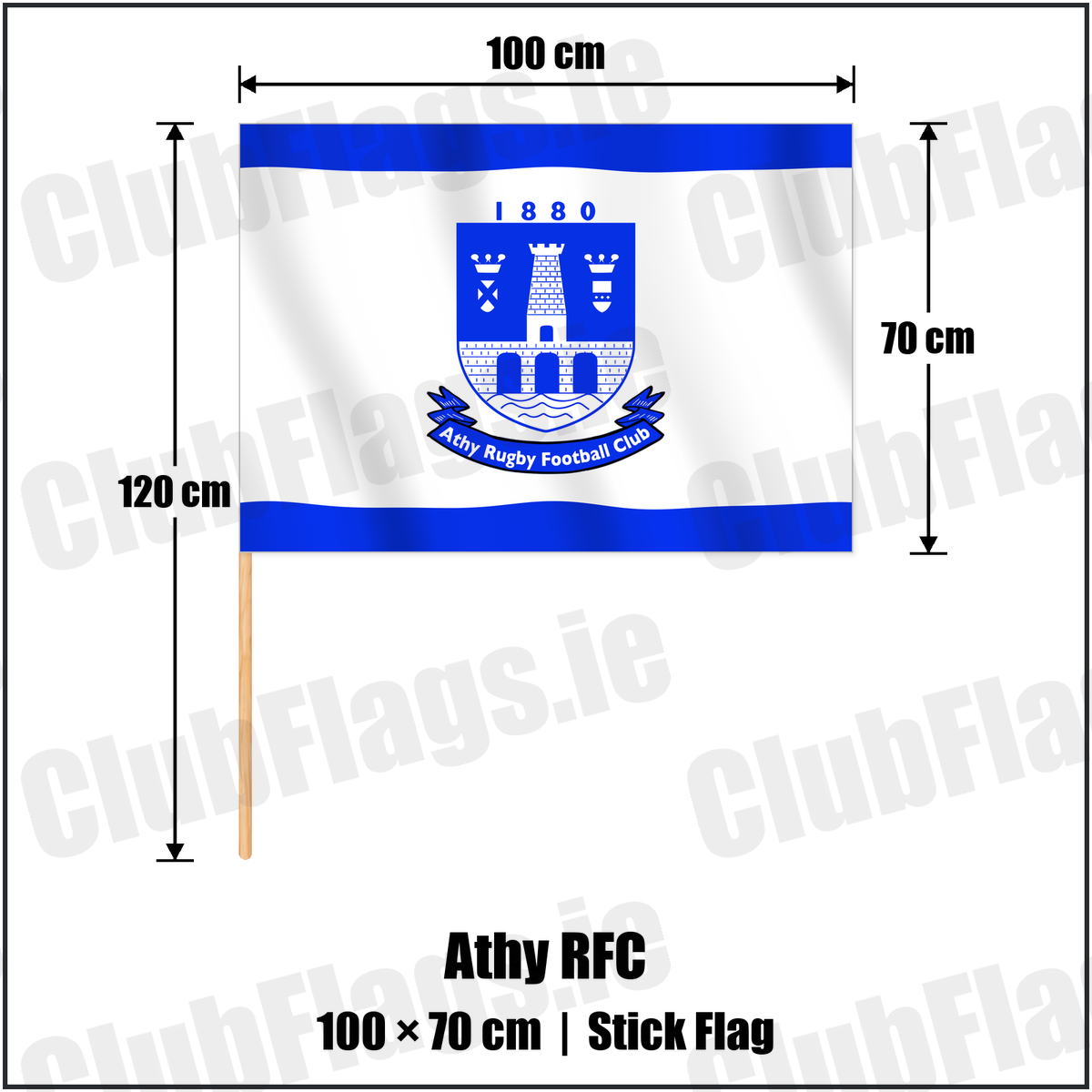 Athy RFC 70cm x 100cm Stick Flag with the club crest and colours, Kildare Rugby - ClubFlags.ie
