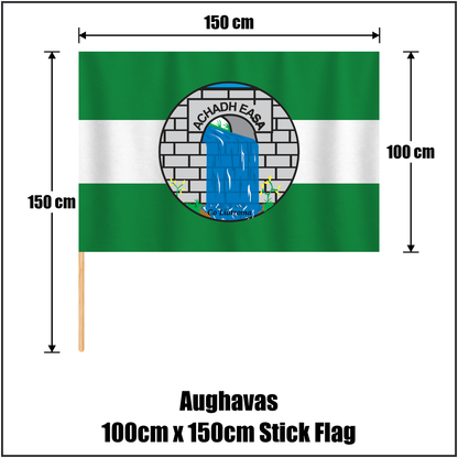 Aughavas 100cm x 150cm Stick Flag, featuring the club crest and green and white colours; County Leitrim GAA. ClubFlags.ie.
