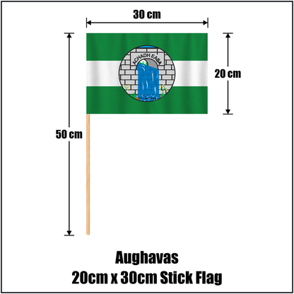 Aughavas 20cm x 30cm Stick Flag, featuring the club crest and green and white colours; County Leitrim GAA. ClubFlags.ie.