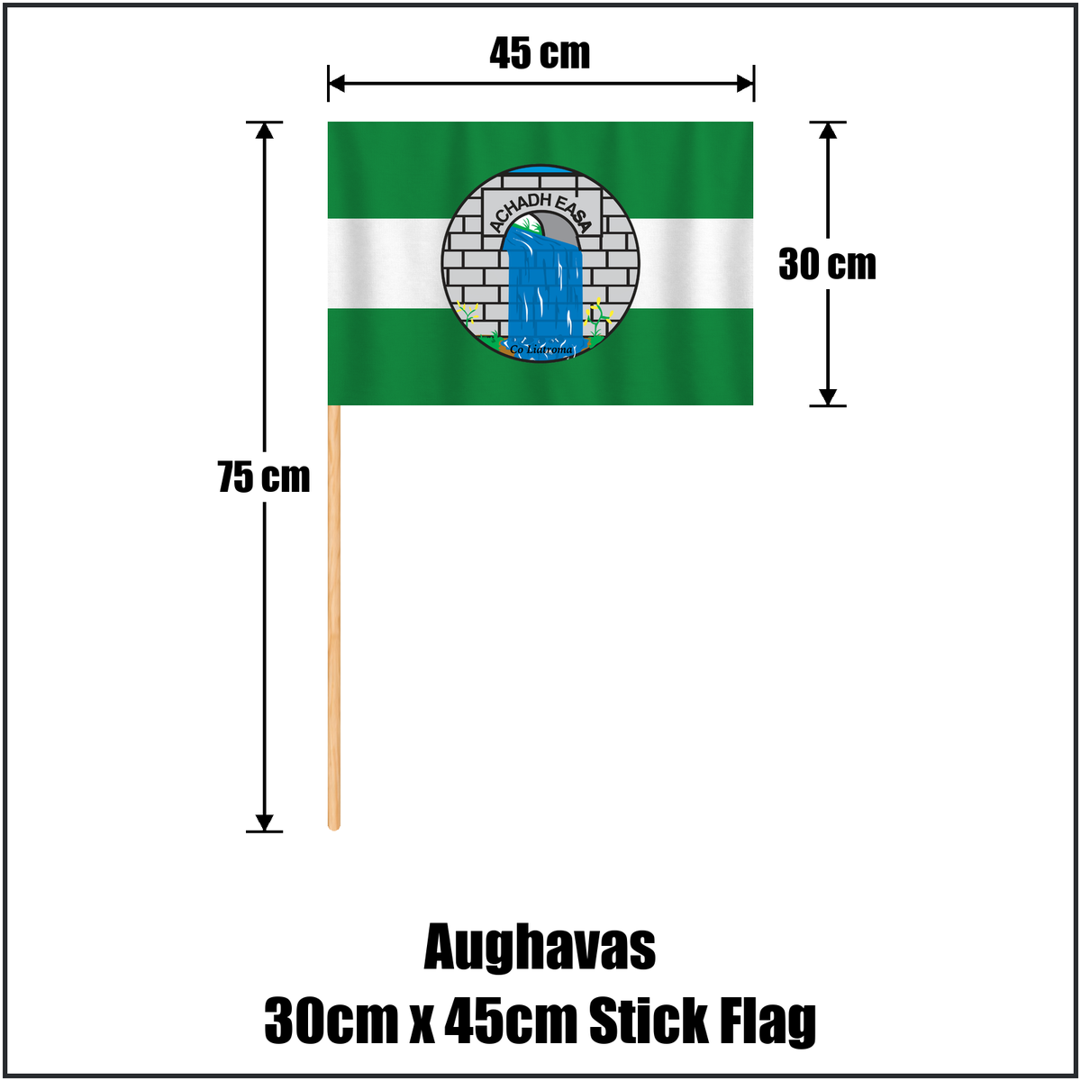 Aughavas 30cm x 45cm Stick Flag, featuring the club crest and green and white colours; County Leitrim GAA. ClubFlags.ie.