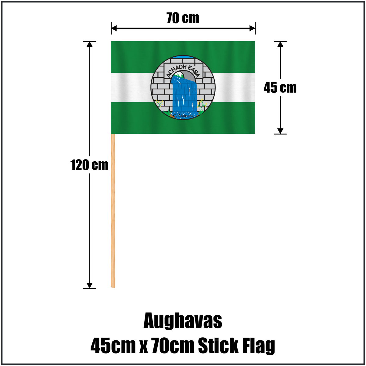 Aughavas 45cm x 70cm Stick Flag, featuring the club crest and green and white colours; County Leitrim GAA. ClubFlags.ie.