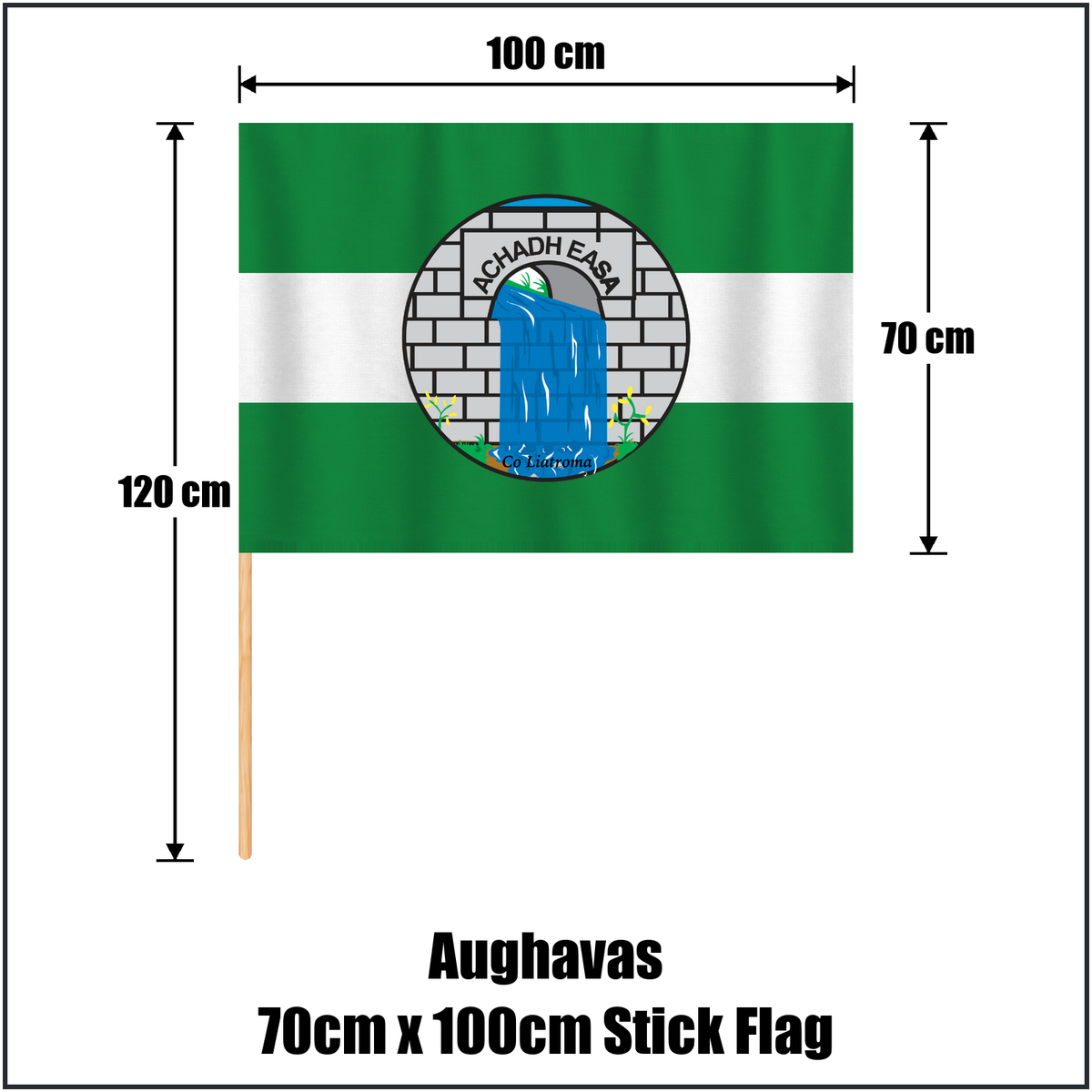 Aughavas 70cm x 100cm Stick Flag, featuring the club crest and green and white colours; County Leitrim GAA. ClubFlags.ie.