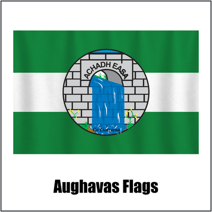 Aughavas Flags, featuring the club crest and green and white colours; County Leitrim GAA. ClubFlags.ie.