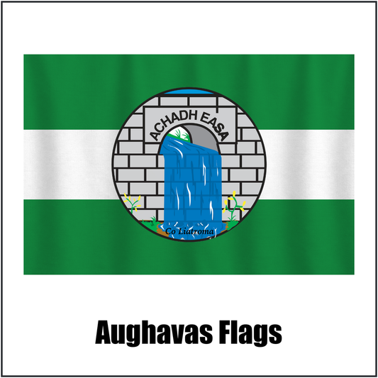 Aughavas Flags, featuring the club crest and green and white colours; County Leitrim GAA. ClubFlags.ie.