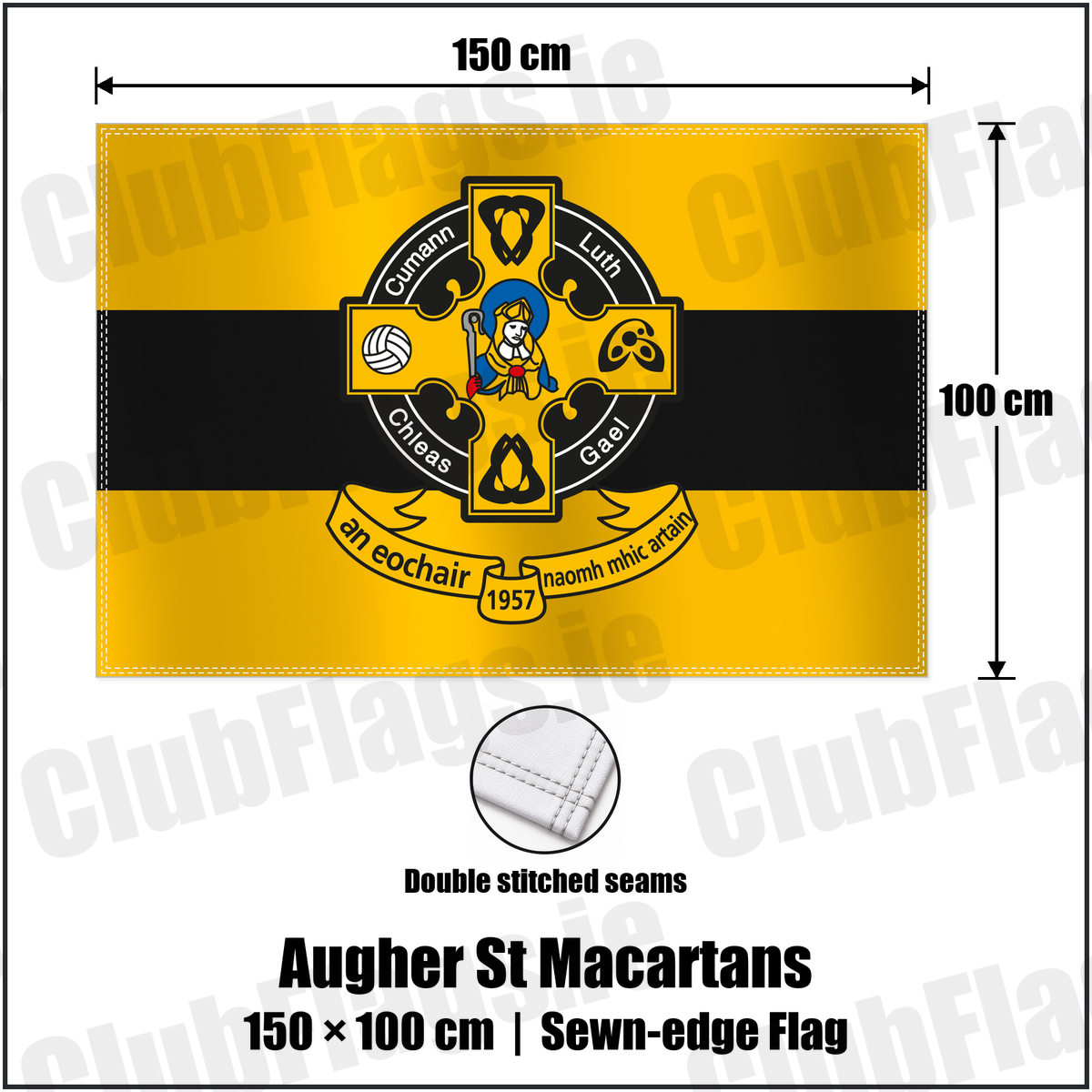 Augher St Macartans 100cm x 150cm Flag (sewn on the edges) with the club crest and colours, Tyrone GAA - ClubFlags.ie