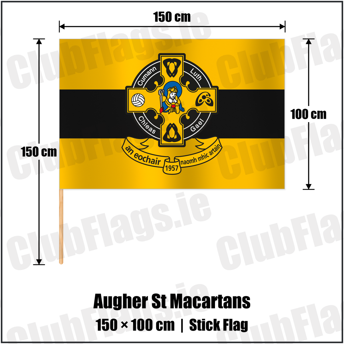 Augher St Macartans 100cm x 150cm Stick Flag with the club crest and colours, Tyrone GAA - ClubFlags.ie