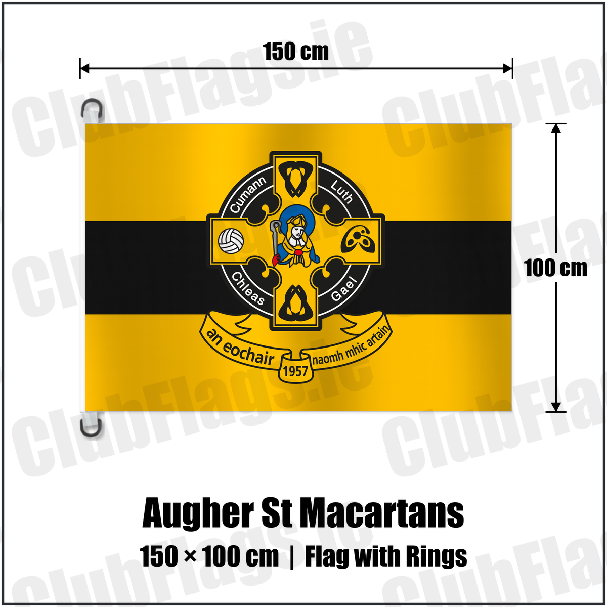 Augher St Macartans 150cm x 100cm Flag Pole Flag with Rings with the club crest and colours, Tyrone GAA - ClubFlags.ie