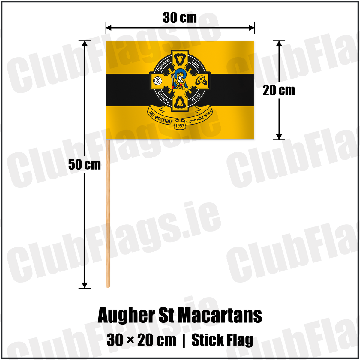 Augher St Macartans 20cm x 30cm Stick Flag with the club crest and colours, Tyrone GAA - ClubFlags.ie
