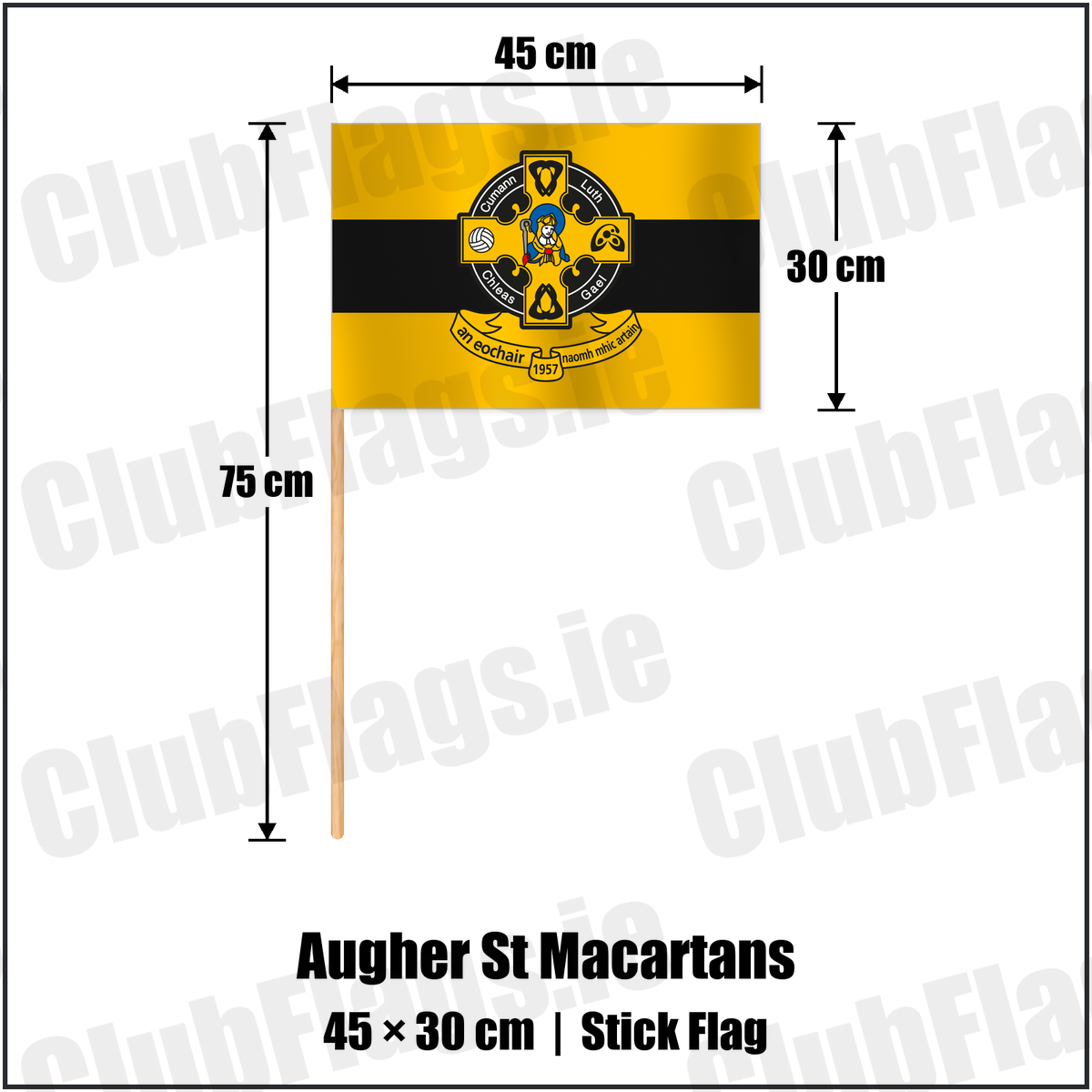 Augher St Macartans 30cm x 45cm Stick Flag with the club crest and colours, Tyrone GAA - ClubFlags.ie