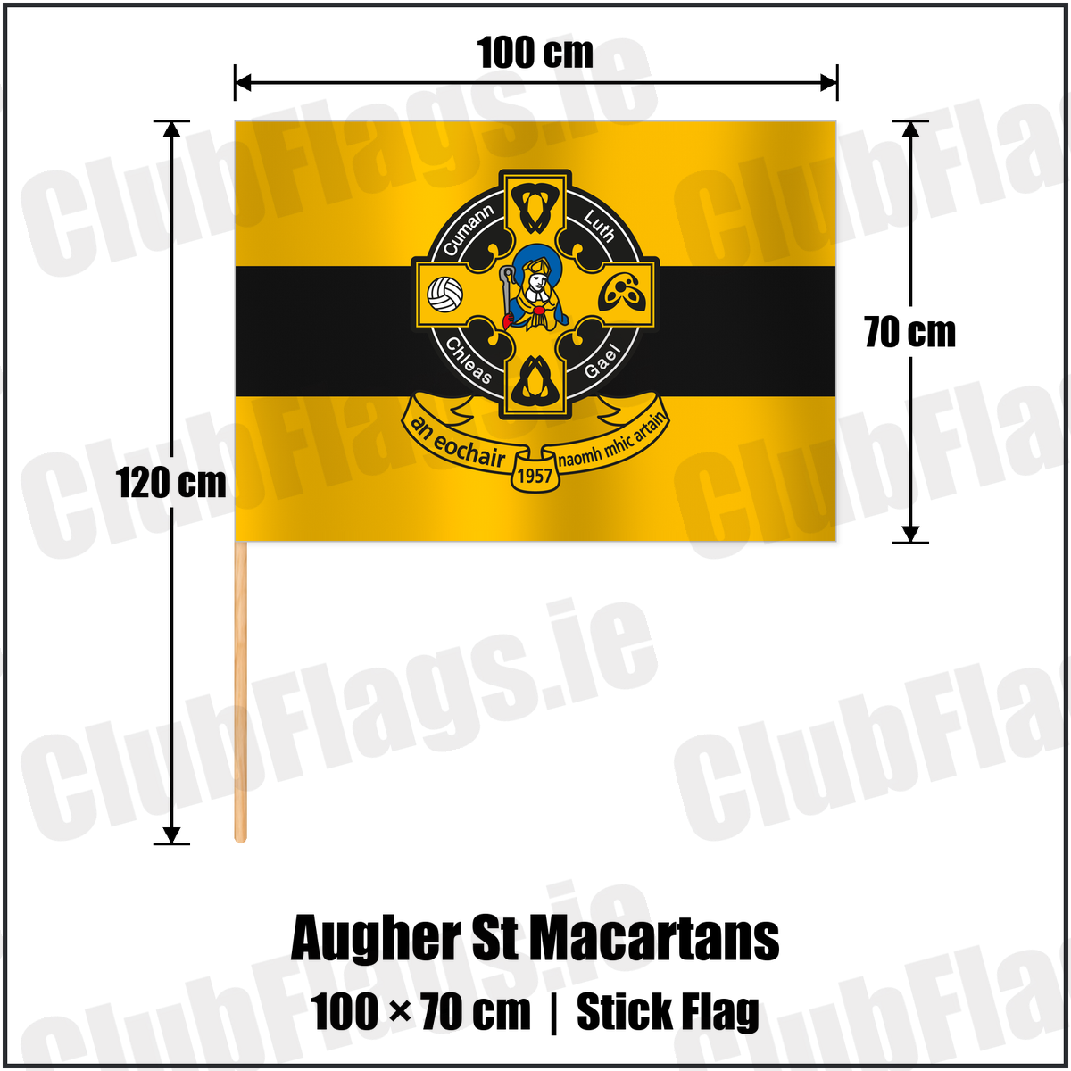 Augher St Macartans 70cm x 100cm Stick Flag with the club crest and colours, Tyrone GAA - ClubFlags.ie