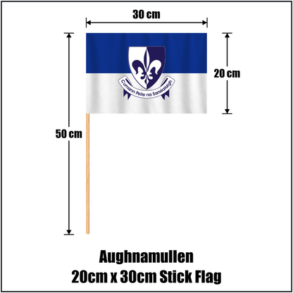 Aughnamullen 20cm x 30cm Stick Flag, featuring the club crest and blue and white colours; County Monaghan GAA. ClubFlags.ie.