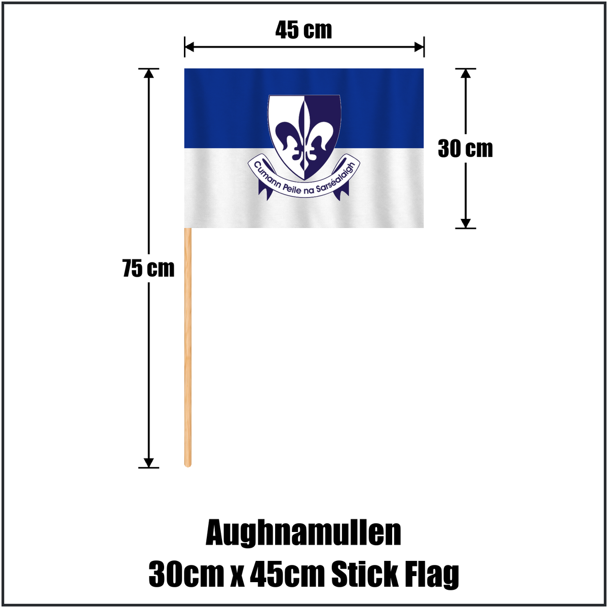 Aughnamullen 30cm x 45cm Stick Flag, featuring the club crest and blue and white colours; County Monaghan GAA. ClubFlags.ie.
