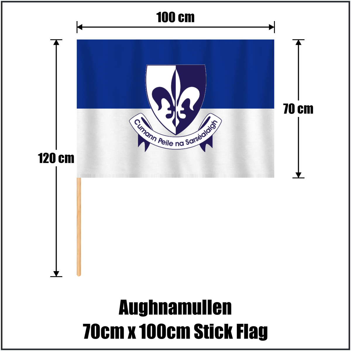 Aughnamullen 70cm x 100cm Stick Flag, featuring the club crest and blue and white colours; County Monaghan GAA. ClubFlags.ie.