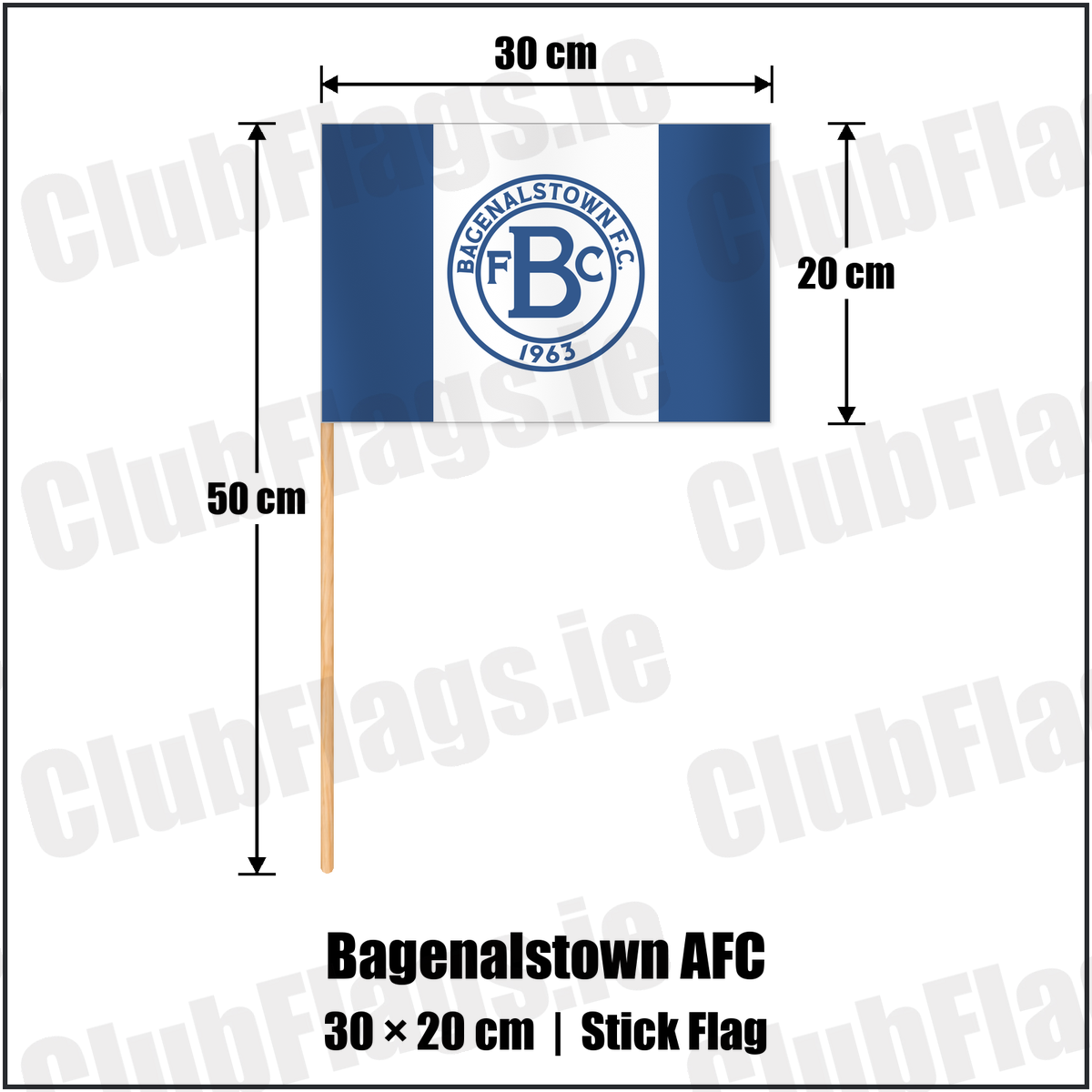 Bagenalstown AFC 20cm x 30cm Stick Flag with the club crest and colours, Carlow football - ClubFlags.ie