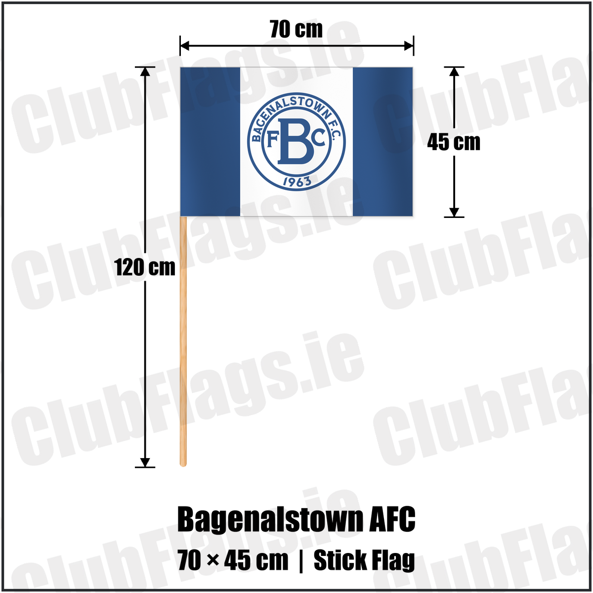 Bagenalstown AFC 45cm x 70cm Stick Flag with the club crest and colours, Carlow football - ClubFlags.ie