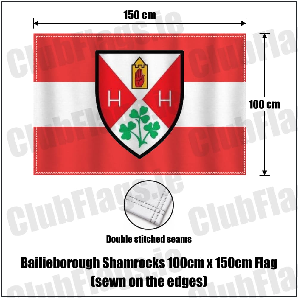 Bailieborough Shamrocks 100cm x 150cm Flag (sewn on the edges) in red and white, featuring the club crest on realistic fabric with gentle vertical folds; County Cavan GAA. ClubFlags.ie.