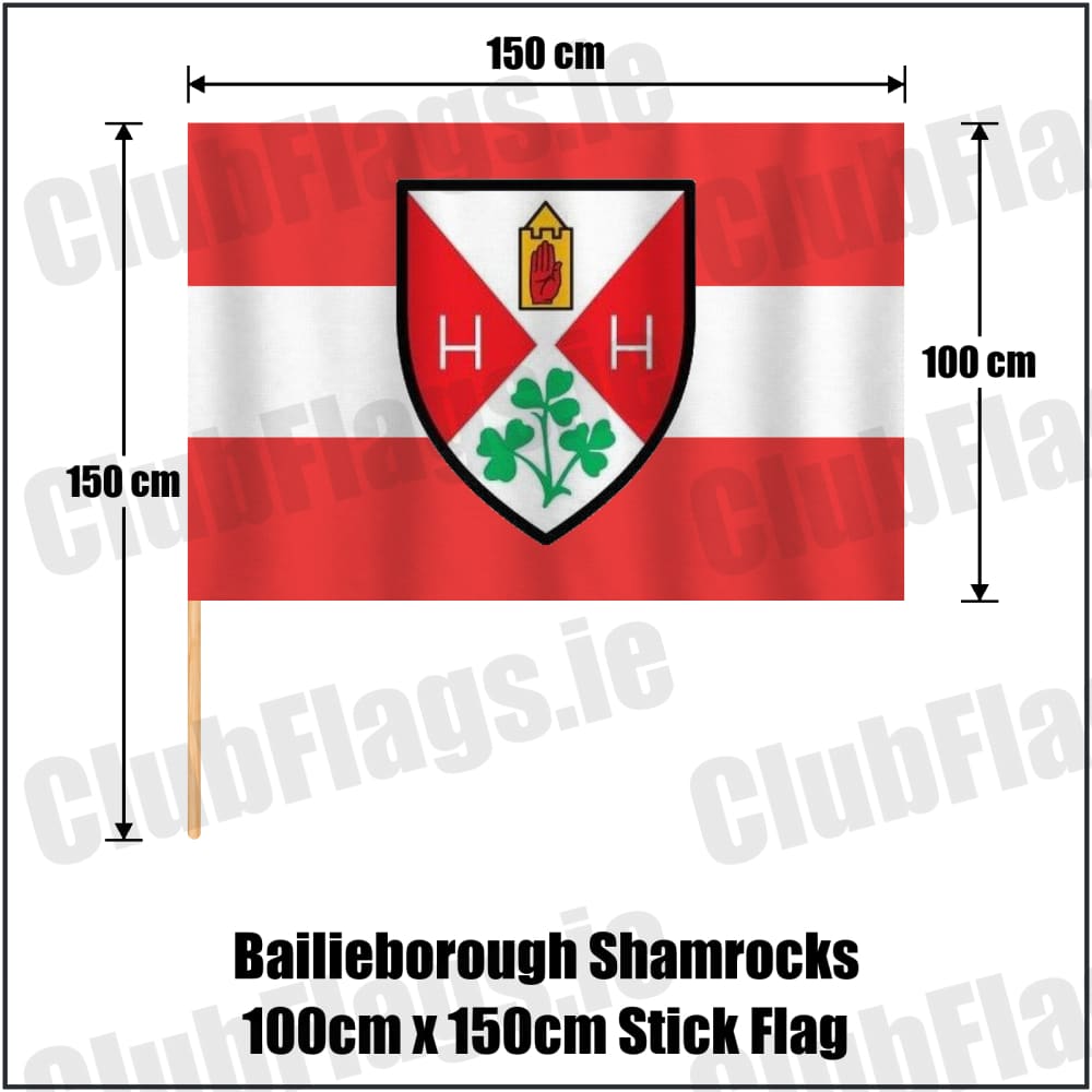 Bailieborough Shamrocks 100cm x 150cm Stick Flag in red and white, featuring the club crest on realistic fabric with gentle vertical folds; County Cavan GAA. ClubFlags.ie.