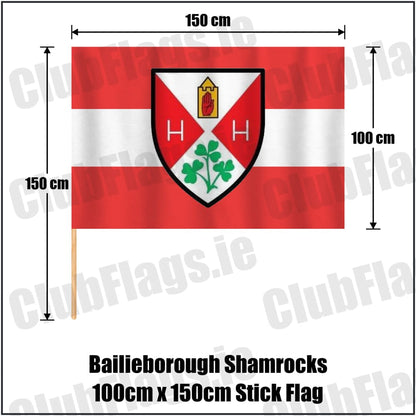 Bailieborough Shamrocks 100cm x 150cm Stick Flag in red and white, featuring the club crest on realistic fabric with gentle vertical folds; County Cavan GAA. ClubFlags.ie.
