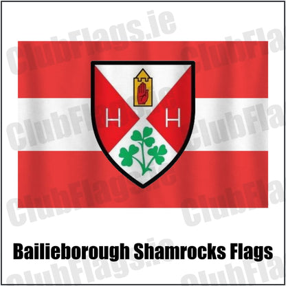 Bailieborough Shamrocks Flags in red and white, featuring the club crest on realistic fabric with gentle vertical folds; County Cavan GAA. ClubFlags.ie.