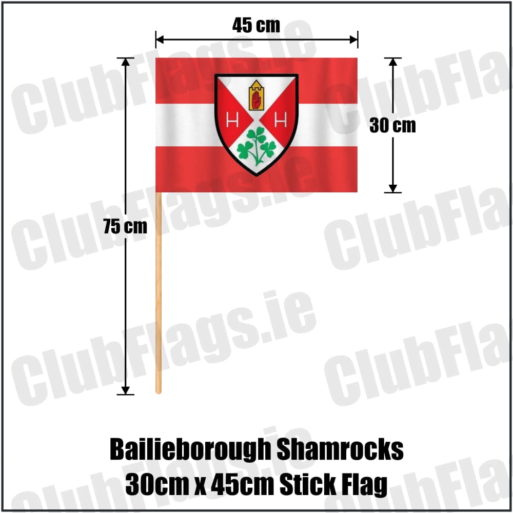 Bailieborough Shamrocks 30cm x 45cm Stick Flag in red and white, featuring the club crest on realistic fabric with gentle vertical folds; County Cavan GAA. ClubFlags.ie.