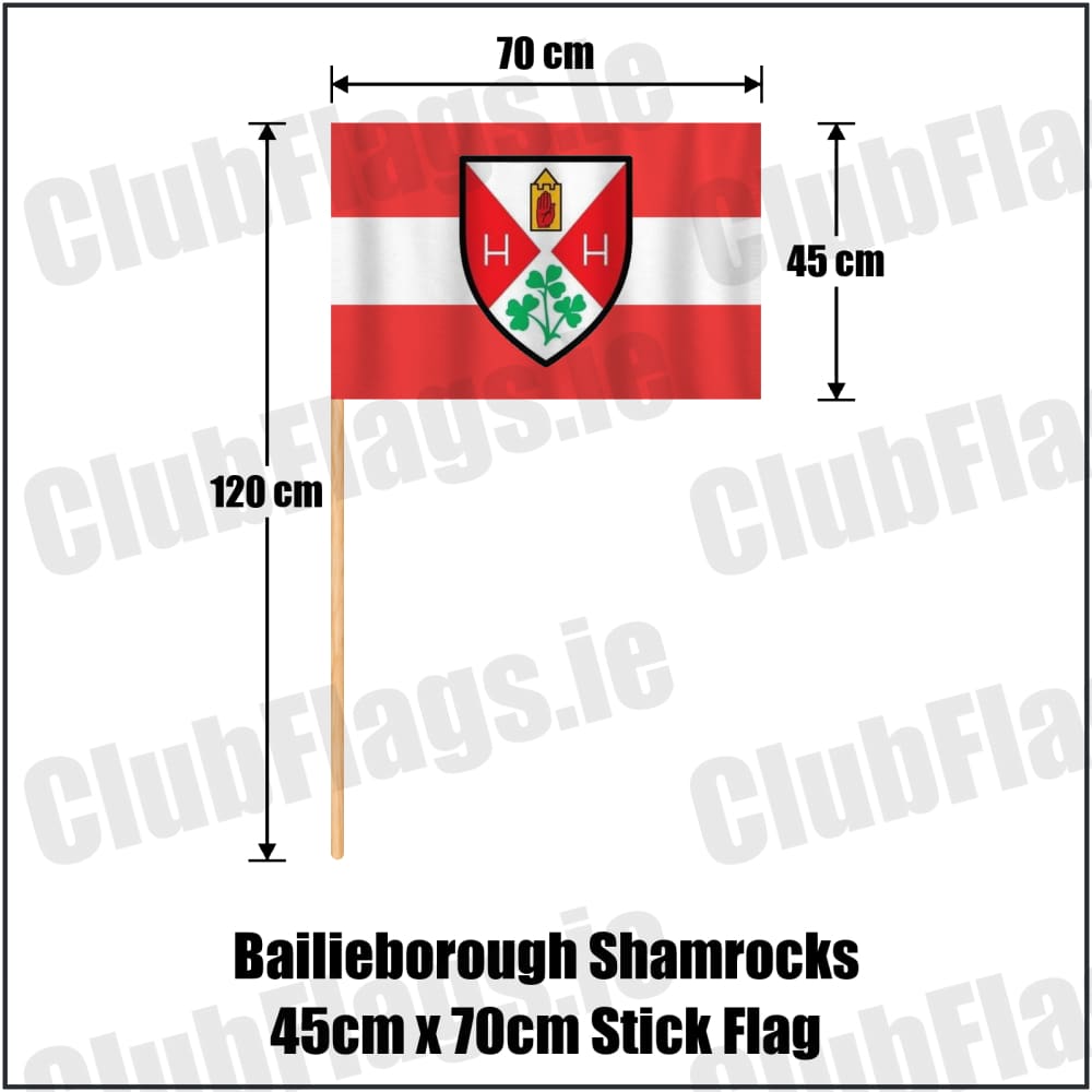 Bailieborough Shamrocks 45cm x 70cm Stick Flag in red and white, featuring the club crest on realistic fabric with gentle vertical folds; County Cavan GAA. ClubFlags.ie.
