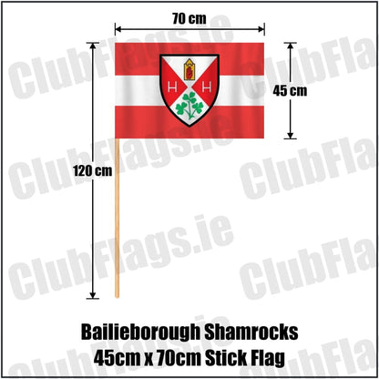 Bailieborough Shamrocks 45cm x 70cm Stick Flag in red and white, featuring the club crest on realistic fabric with gentle vertical folds; County Cavan GAA. ClubFlags.ie.