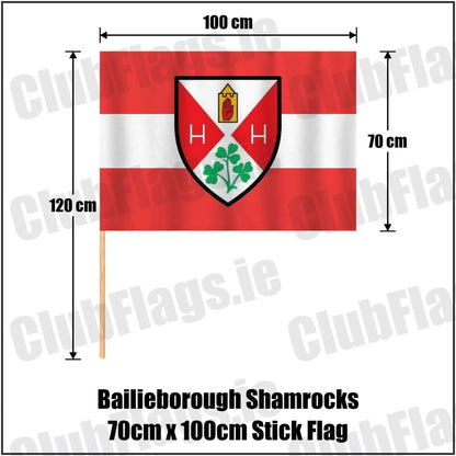 Bailieborough Shamrocks 70cm x 100cm Stick Flag in red and white, featuring the club crest on realistic fabric with gentle vertical folds; County Cavan GAA. ClubFlags.ie.