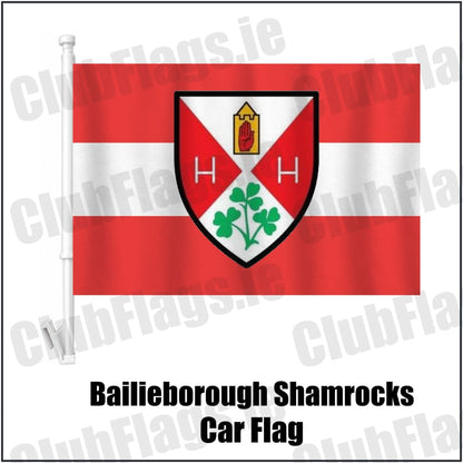 Bailieborough Shamrocks Car Flag in red and white, featuring the club crest on realistic fabric with gentle vertical folds; County Cavan GAA. ClubFlags.ie.