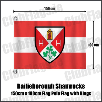 Bailieborough Shamrocks 150cm x 100cm Flag Pole Flag with Rings in red and white, featuring the club crest on realistic fabric with gentle vertical folds; County Cavan GAA. ClubFlags.ie.