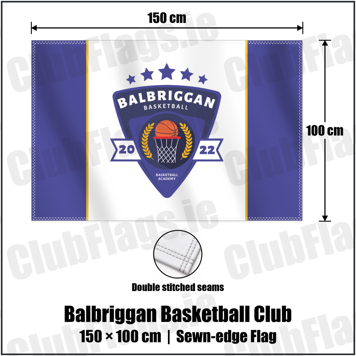 Balbriggan Basketball Club 100cm x 150cm Flag (sewn on the edges) with the club crest and colours, Dublin Basketball - ClubFlags.ie