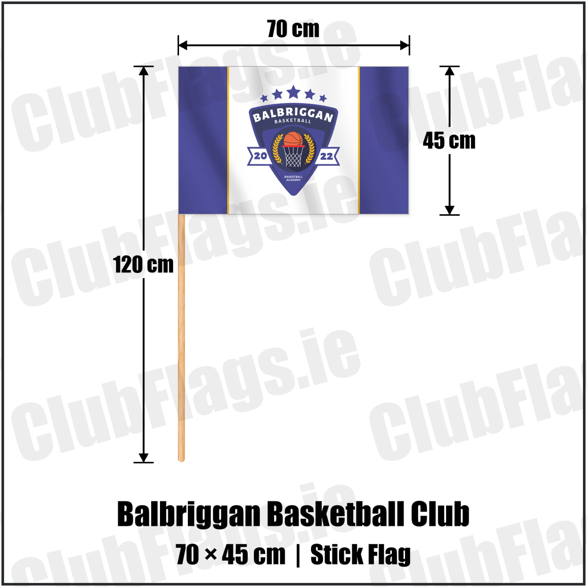 Balbriggan Basketball Club 45cm x 70cm Stick Flag with the club crest and colours, Dublin Basketball - ClubFlags.ie