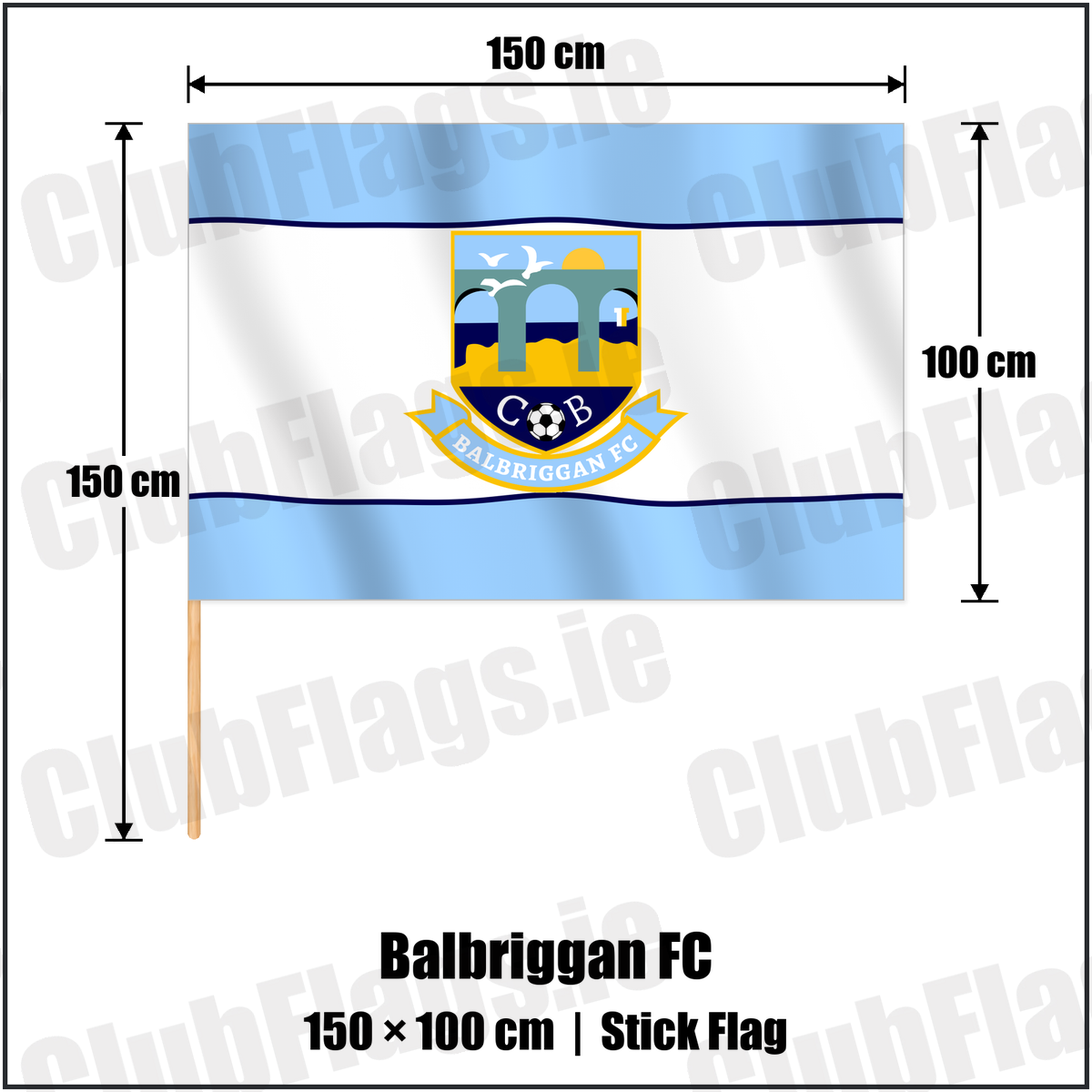 Balbriggan FC 100cm x 150cm Stick Flag with the club crest and colours, Dublin Football - ClubFlags.ie