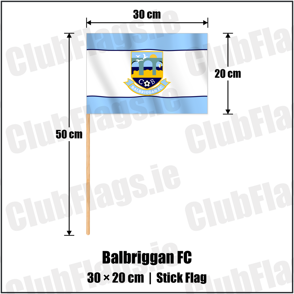 Balbriggan FC 20cm x 30cm Stick Flag with the club crest and colours, Dublin Football - ClubFlags.ie