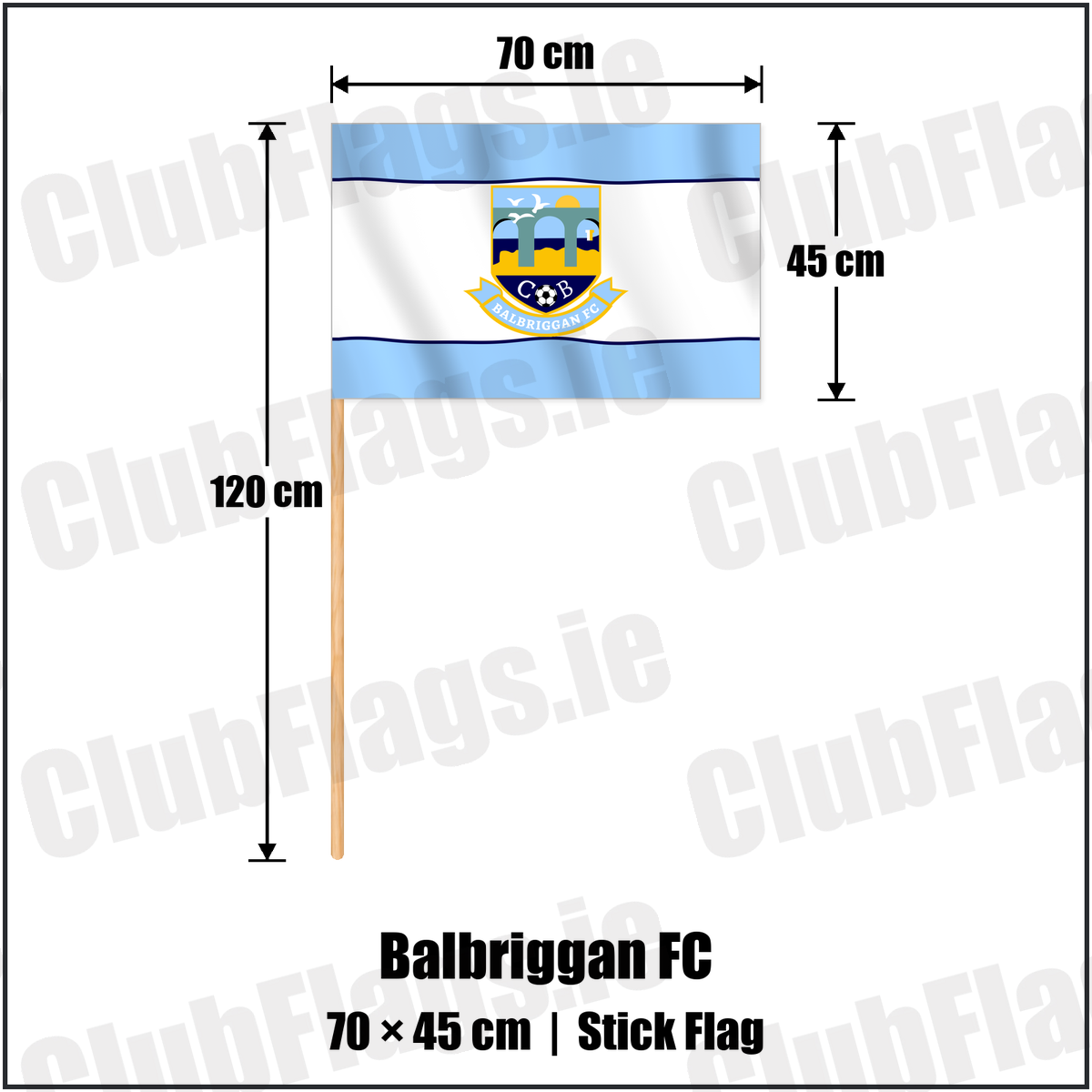 Balbriggan FC 45cm x 70cm Stick Flag with the club crest and colours, Dublin Football - ClubFlags.ie