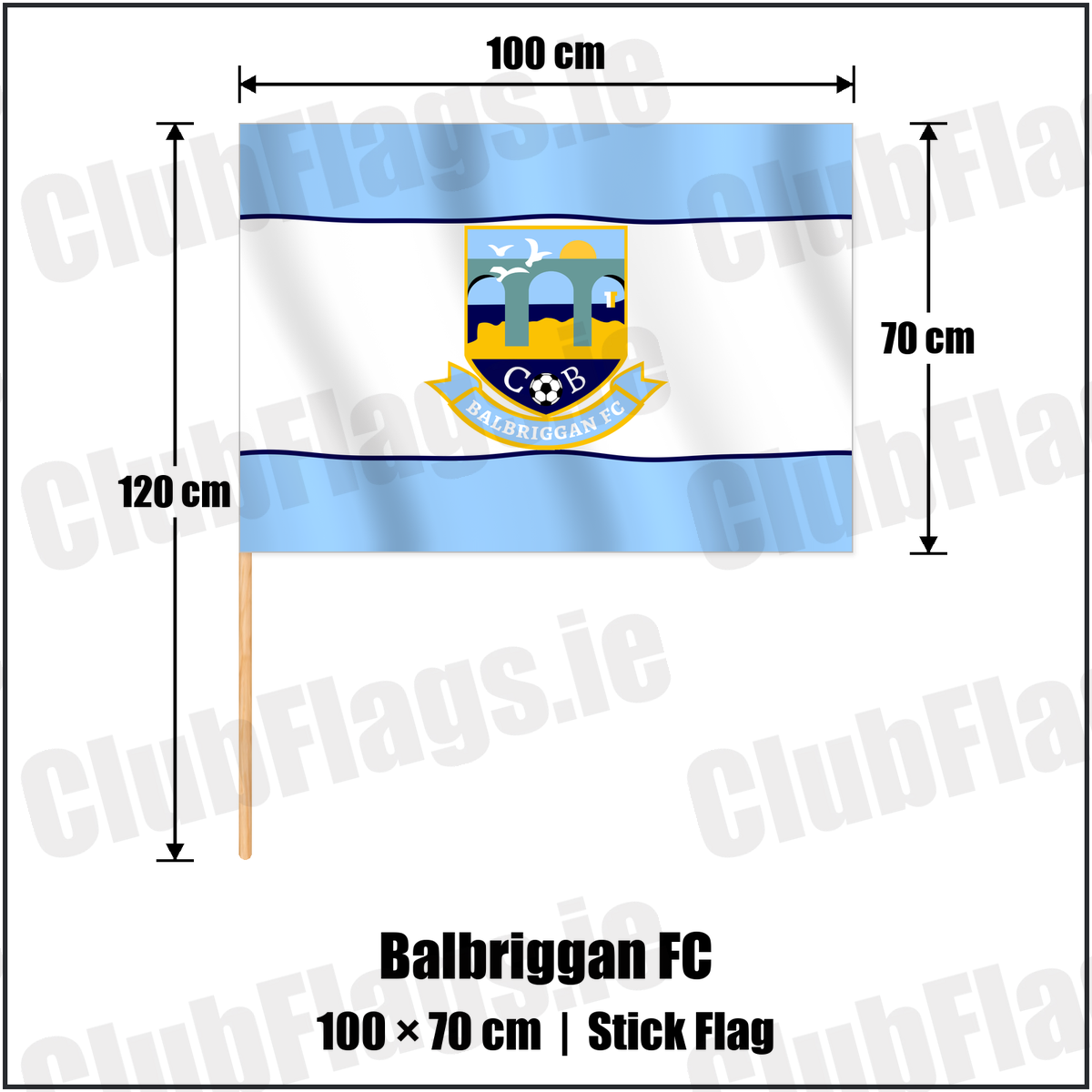 Balbriggan FC 70cm x 100cm Stick Flag with the club crest and colours, Dublin Football - ClubFlags.ie