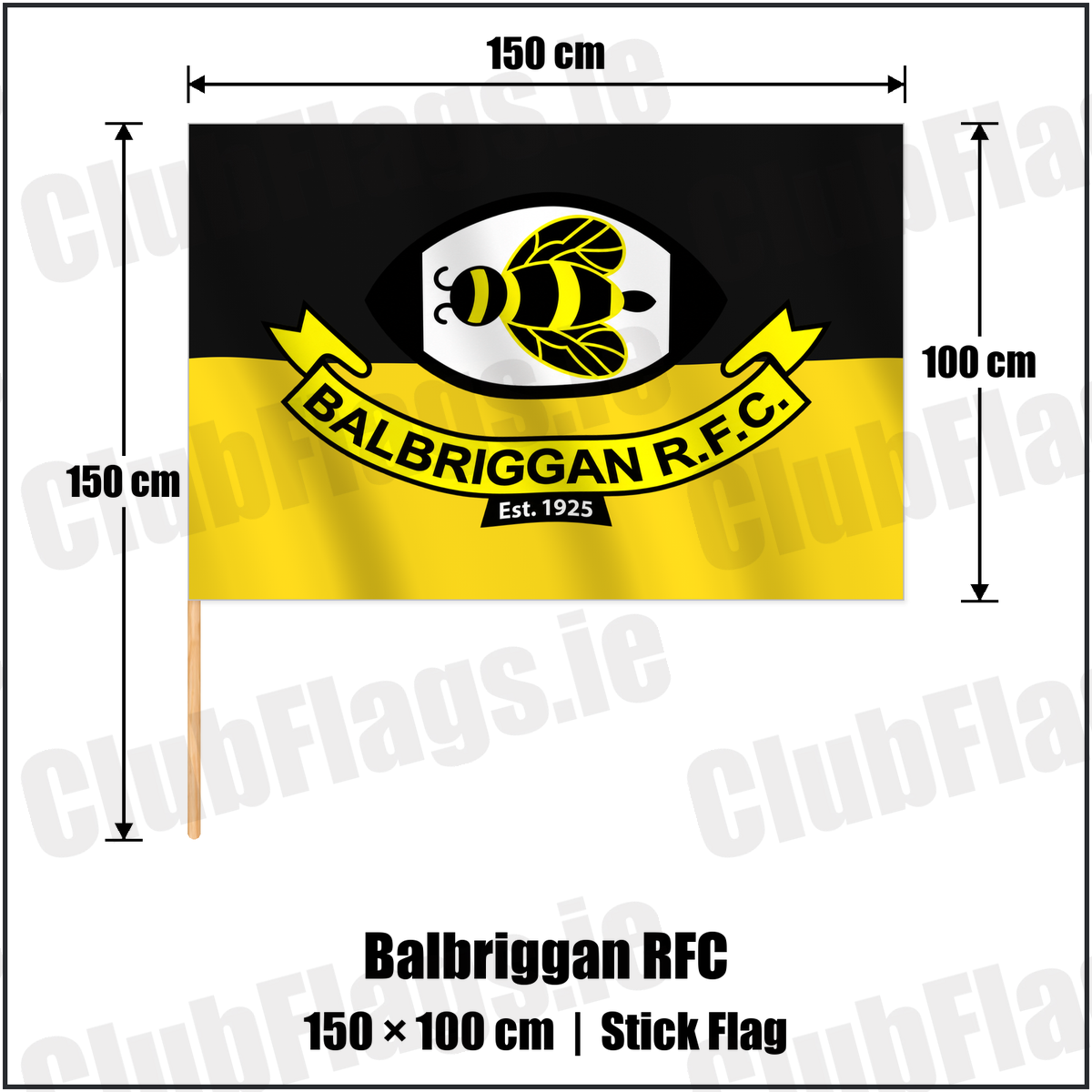 Balbriggan RFC 100cm x 150cm Stick Flag with the verified club crest and colours, Dublin Rugby - ClubFlags.ie