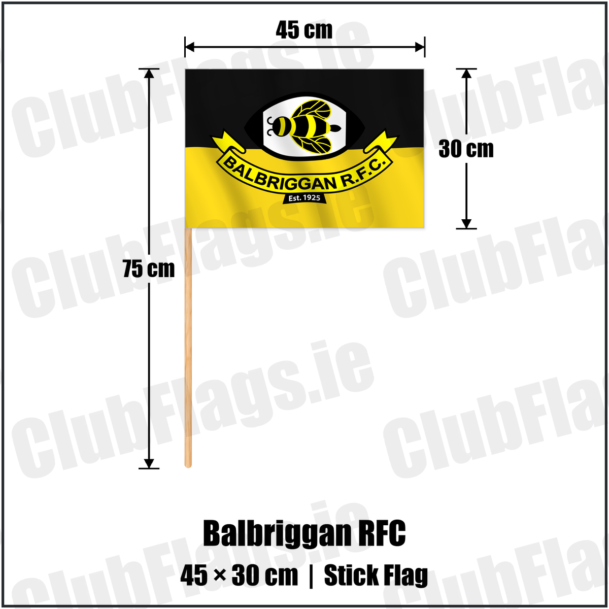Balbriggan RFC 30cm x 45cm Stick Flag with the verified club crest and colours, Dublin Rugby - ClubFlags.ie