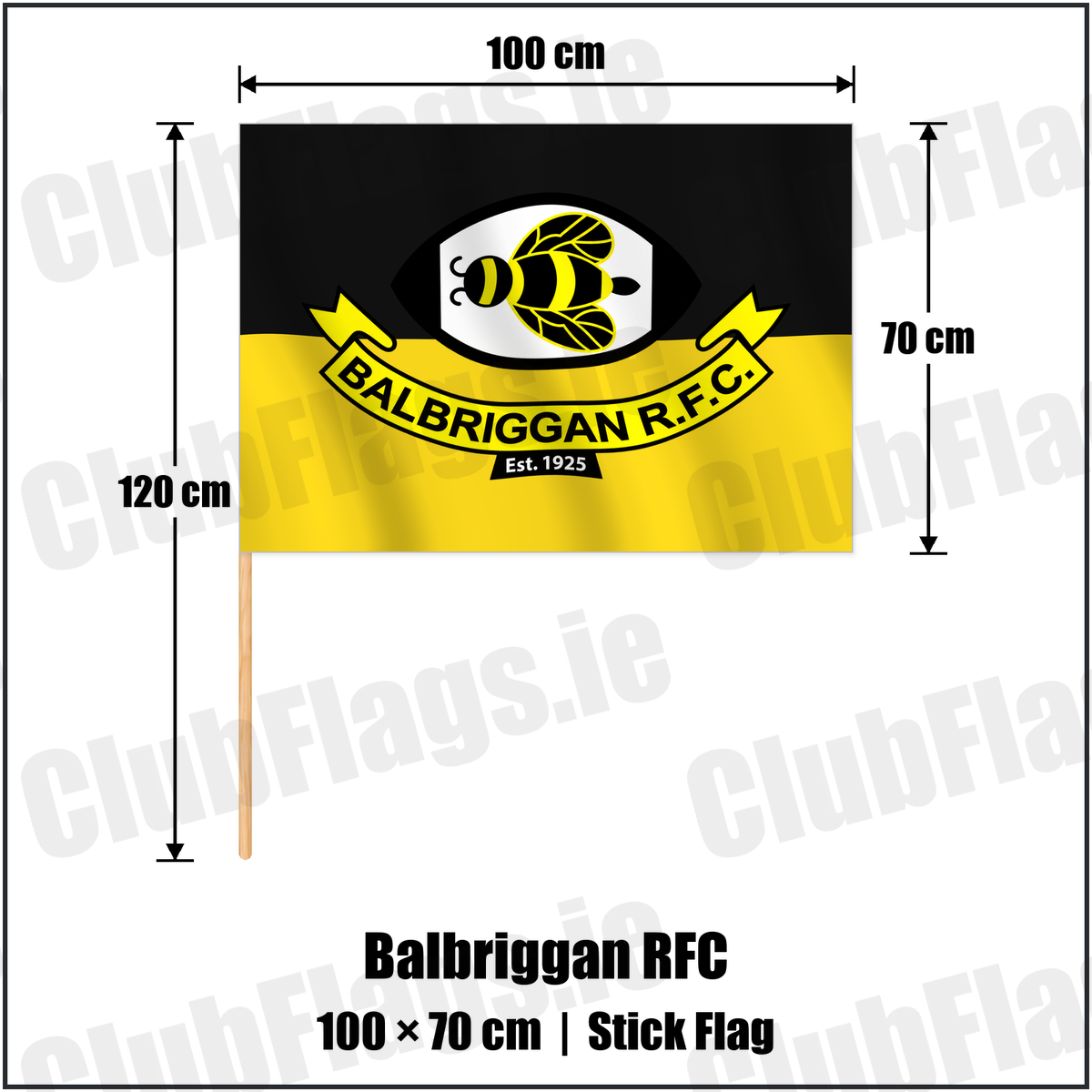 Balbriggan RFC 70cm x 100cm Stick Flag with the verified club crest and colours, Dublin Rugby - ClubFlags.ie