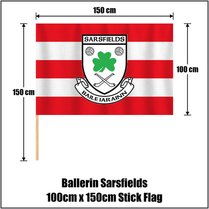 Ballerin Sarsfields 100cm x 150cm Stick Flag, featuring the club crest and red and white colours; County Derry GAA. ClubFlags.ie.