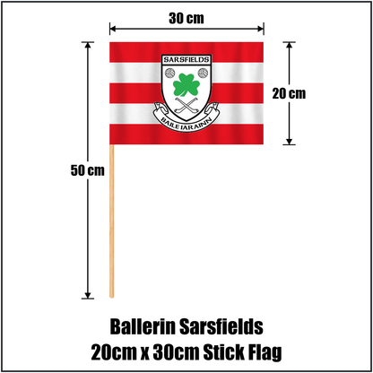 Ballerin Sarsfields 20cm x 30cm Stick Flag, featuring the club crest and red and white colours; County Derry GAA. ClubFlags.ie.