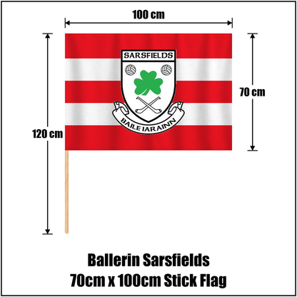Ballerin Sarsfields 70cm x 100cm Stick Flag, featuring the club crest and red and white colours; County Derry GAA. ClubFlags.ie.